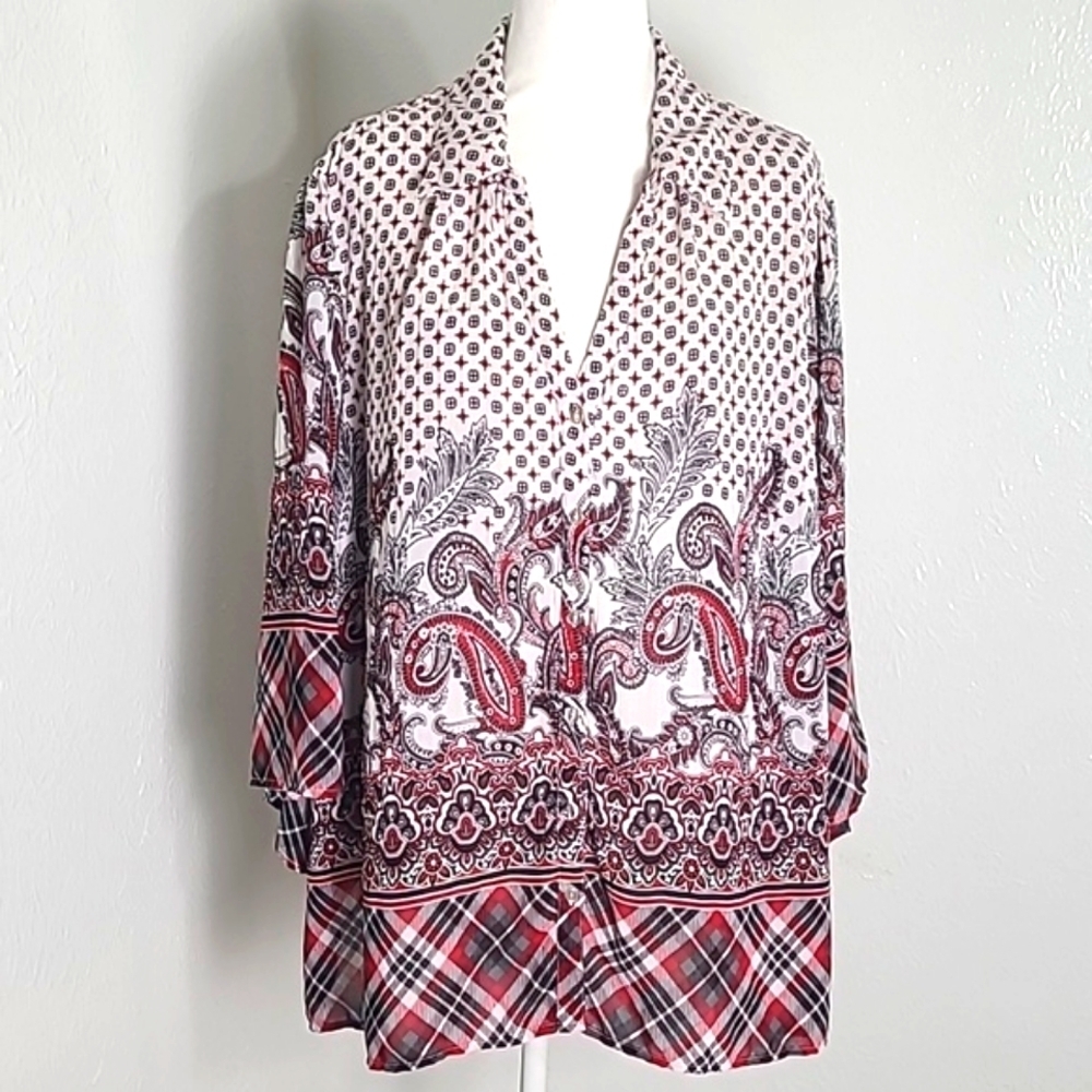 Lane Bryant White, Red & Black Print Buttondown Blouse, Plaid & Paisley Sz 22/24